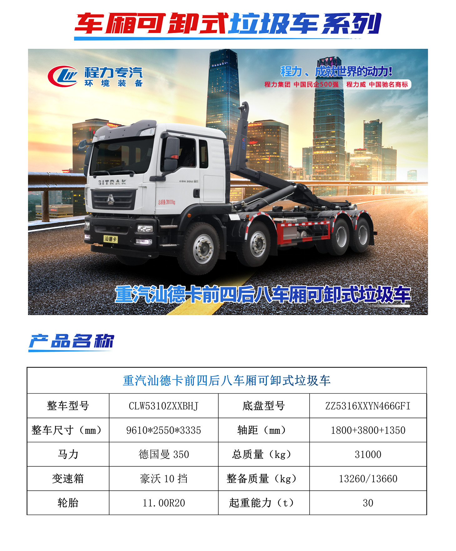 重汽汕德卡前四后八车厢可卸式垃圾车